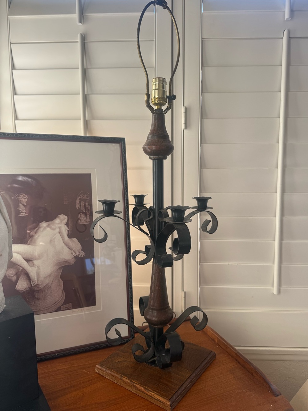 Vintage Spanish/Gothic Revival Wood and Black Metal Scrollwork Candle Lamp